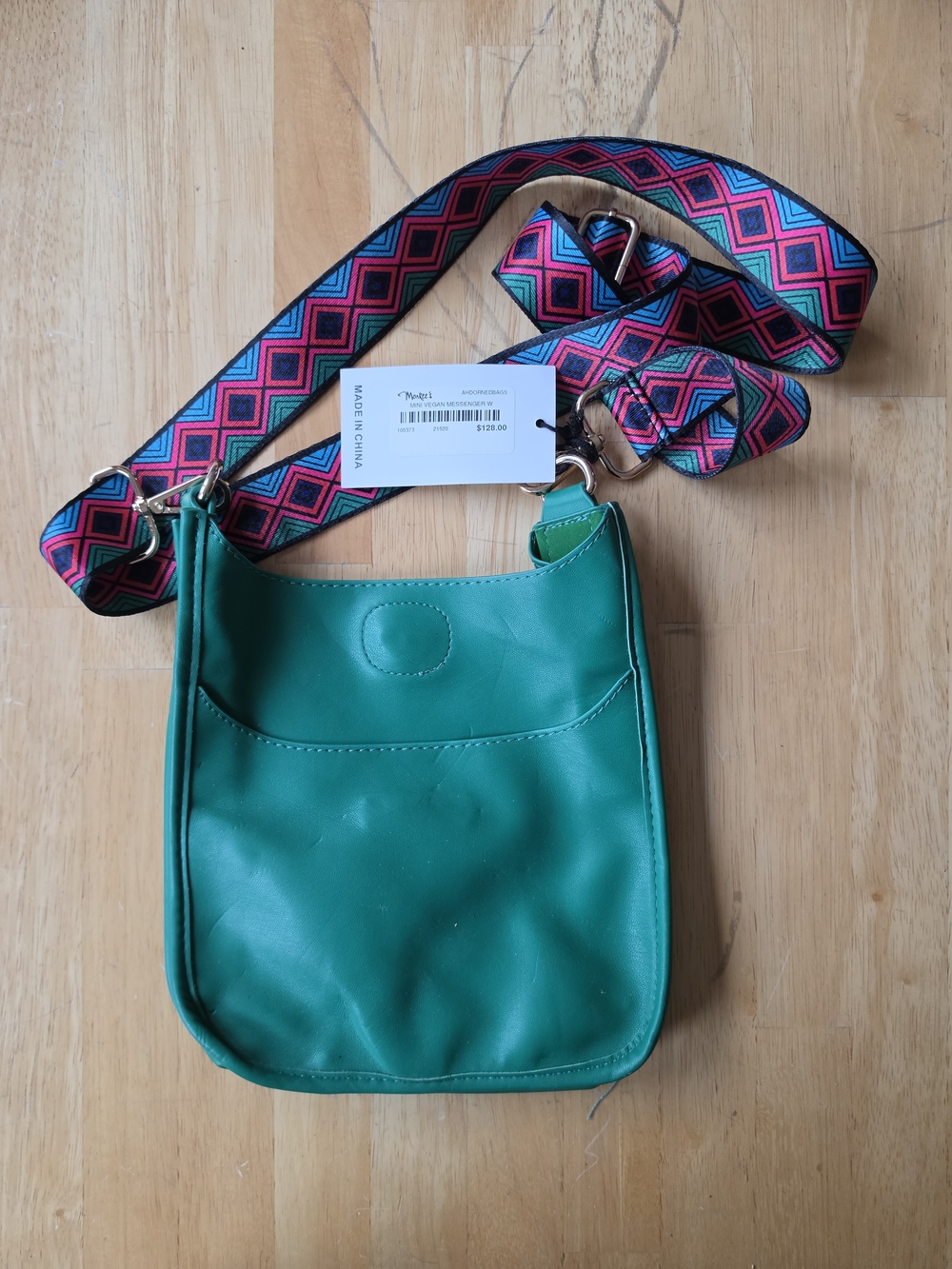 Ahdorned Mini Vegan Messenger Green Crossbody Bag Wide Geometric Strap